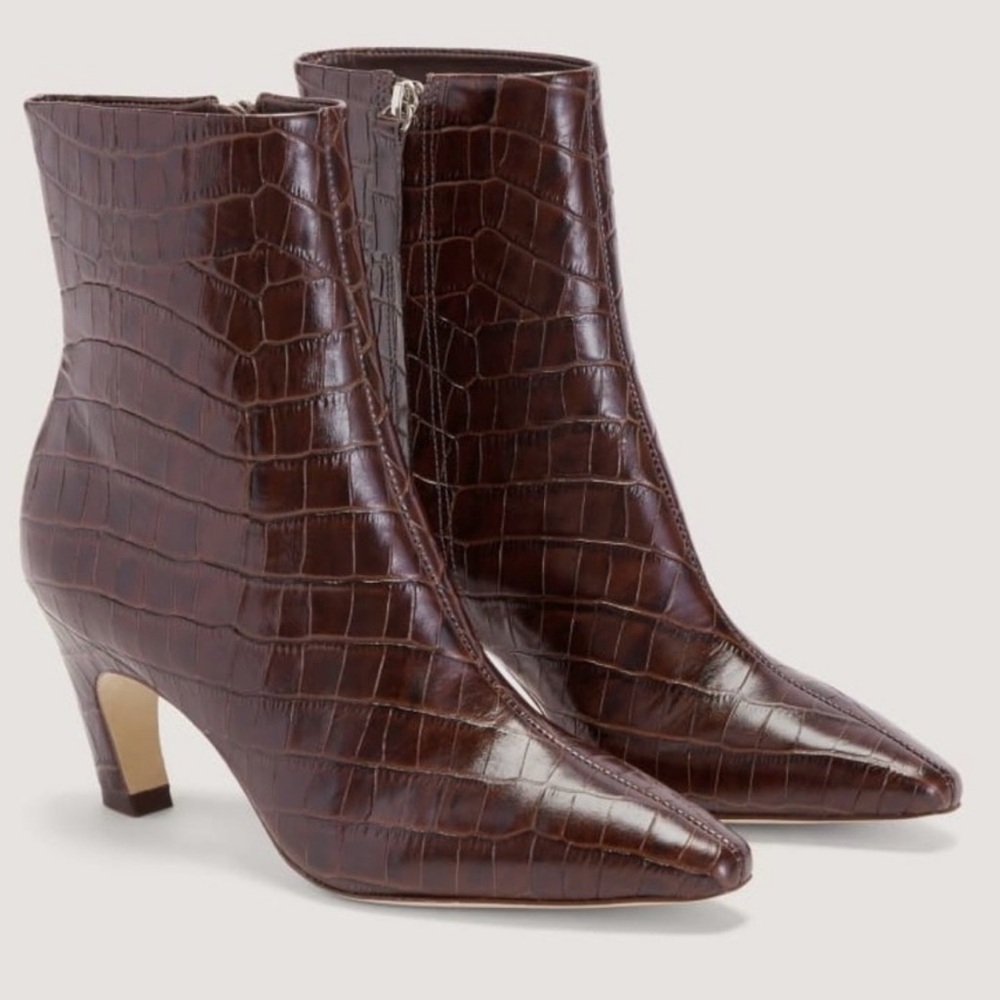 Everlane Dark Brown Croc-Embossed Pointed Ankle Boots
